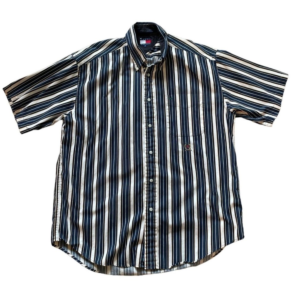 Vintage 90s Tommy Hilfiger Short Sleeve Button-Down Striped Shirt Blue Yellow